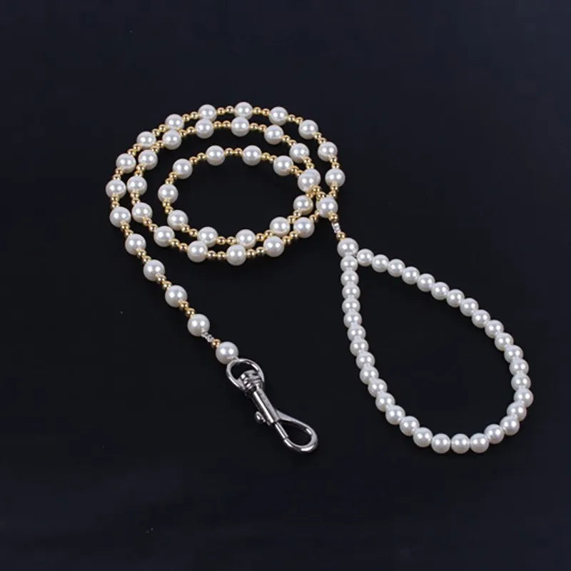 Luxury Pearl Dog Leash – Handmade Steel Wire Chain for Small Dogs & Cats