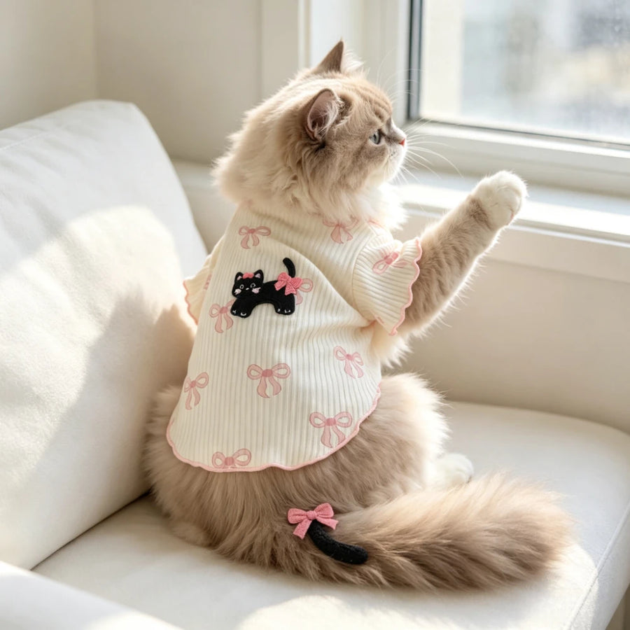 Pink Bow & Cat Print Pet T-Shirt Vest for Cats & Small Dogs