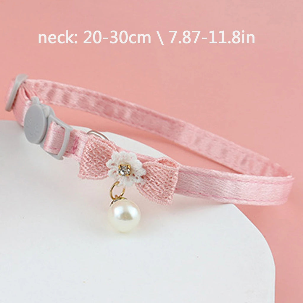 Pink Bell, Bow, and Pearl Cat Collar