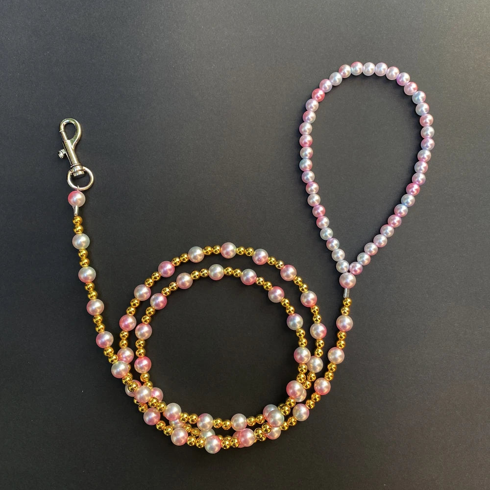 Luxury Pearl Dog Leash – Handmade Steel Wire Chain for Small Dogs & Cats