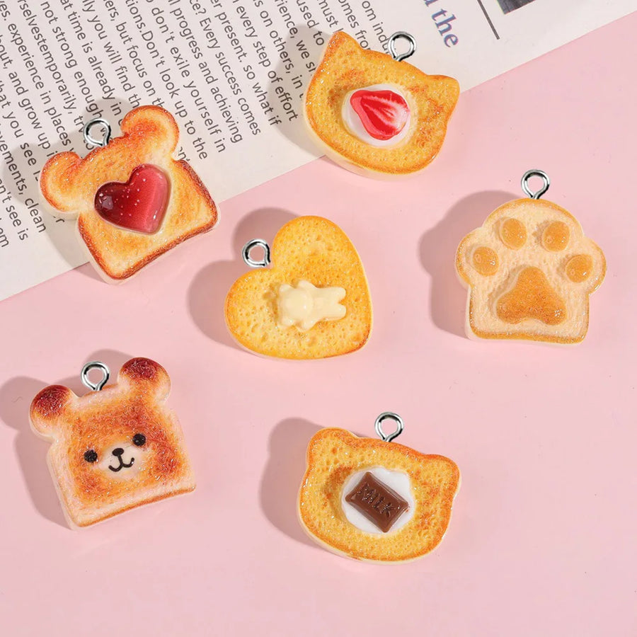 Cute Bear & Toast Resin Charms — 10-Pack for DIY Collars