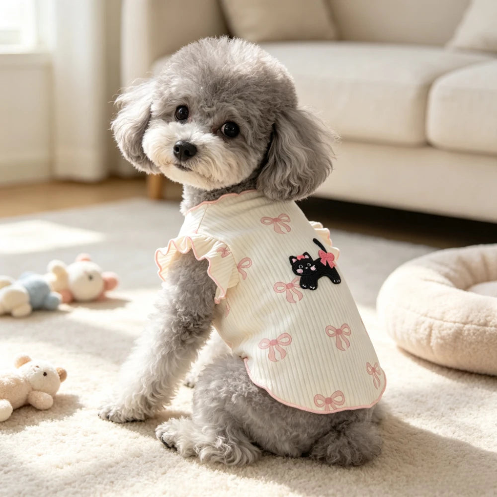 Pink Bow & Cat Print Pet T-Shirt Vest for Cats & Small Dogs