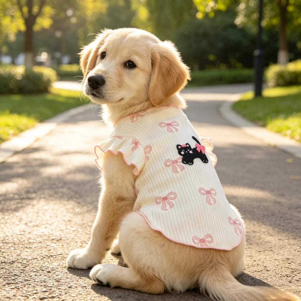 Pink Bow & Cat Print Pet T-Shirt Vest for Cats & Small Dogs
