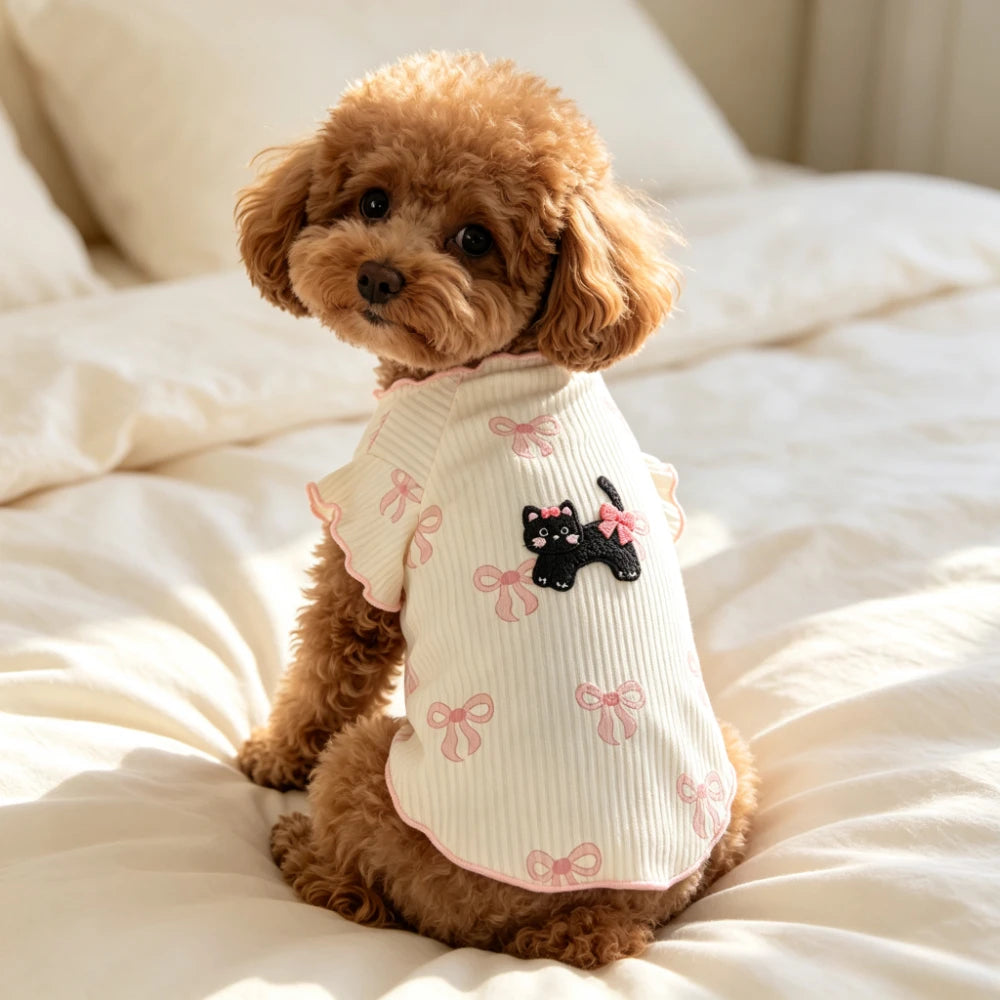 Pink Bow & Cat Print Pet T-Shirt Vest for Cats & Small Dogs